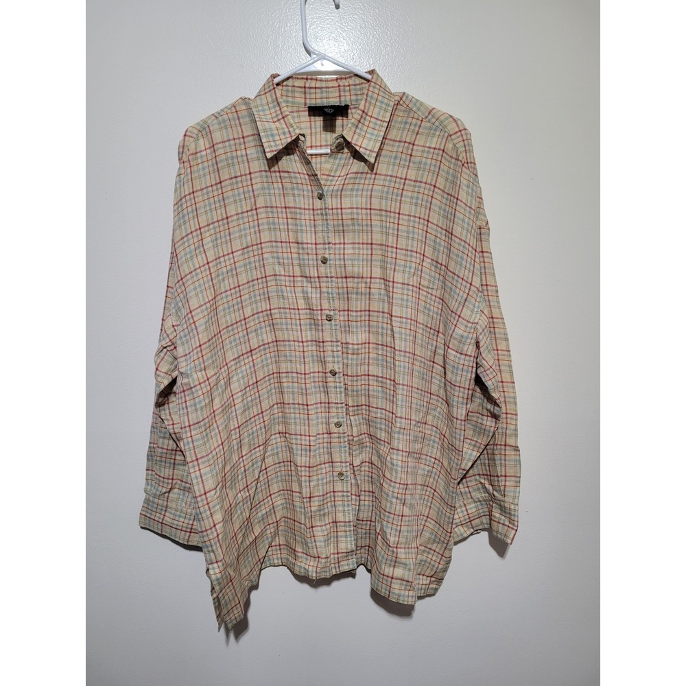 Company Ellen‎ Tracy Linen Shirt Mens Large Beige Plaid Long Sleeve